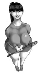 1girls badminton_racket bangs busty clothed curvy erect_nipples huge_areolae huge_breasts looking_at_viewer original original_character plumperpass simple_background smiling_at_viewer solo_female sportswear thick thick_thighs tied_hair white_background xinleng