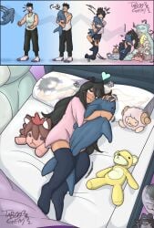 ambiguous_gender artist_signature between_legs blahaj dakimakura detailed_background dolls heart hugging hugging_doll ikea meme on_bed taboo_gem tagme transformation transformation_sequence