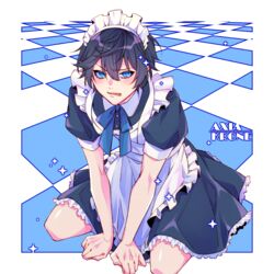 1boy axia_krone black_hair blue_eyes blush crossdressing humiliation koubeu15 maid maid_headdress maid_uniform nijisanji solo_male thick_thighs thighs virtual_youtuber