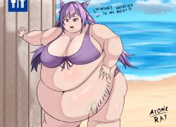 1girl 1girls bbw beach belly belly_button big_belly bikini bracelet breasts chubby chubby_female exposed_belly exposed_belly_button exposed_fat_belly fat fat_woman female female_focus female_only genshin_impact hoyoverse keqing_(genshin_impact) mihoyo morbidly_obese morbidly_obese_female obese obese_female overweight overweight_female purple_bikini purple_eyes purple_eyes_female purple_hair purple_hair_female restroom_stall solo solo_female solo_focus standing sweat sweating tattoo