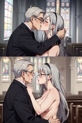 2024 age_difference ai_generated blush christianity church clerical_collar clothed_male_nude_female glasses grey_hair kissing male/female older_male priest stable_diffusion