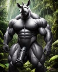 1boy ai_generated anthro equine_penis horse_penis horsecock huge_balls huge_cock lonely_man massive_balls massive_penis monster monster_cock muscular muscular_anthro muscular_male rhinoceros