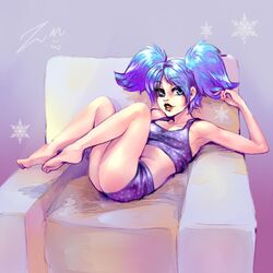 1girls alternate_version_available barefoot blue_hair cute evie_(paladins) eye_contact feet female female_only laying_down laying_on_back light-skinned_female light_skin looking_at_viewer pajamas paladins pigtails shorts snowflake solo solo_female tagme twintails video_games zanthu