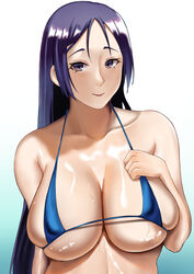 2021 big_breasts bikini bikini_top blue_bikini blue_bikini_top cleavage closed_mouth covered_nipples eyebrows eyelashes fate/grand_order fate_(series) gradient_background hand_on_breast hand_on_chest hand_on_own_breast hand_on_own_chest looking_at_viewer micro_bikini micro_bikini_top minamoto_no_raikou_(fate/grand_order) nipple_bulge purple_eyes purple_hair simple_background upper_body xkezty