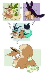 absurd_res anal anal_egg_laying anal_sex blush blush_lines bodily_fluids brown_body brown_fur cum dragunsnack eevee eeveelution egg egg_laying feral fur genital_fluids group hi_res hybrid_pokemon leafeon male male/male male_penetrated male_penetrating male_penetrating_male nintendo onomatopoeia open_mouth penetration pokémon_(species) pokemon pokemon_(species) sequence sex simple_background sound_effects text umbreon vaporeon