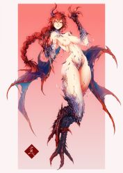 1female 1girls braid breasts breasts_out clawed_feet claws covered_pussy dragon dragon_girl dragon_wings female horns humanoid mabo9317 mostly_nude mostly_nude_female red_eyes red_hair scales solo solo_female wings