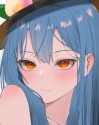 1girls 3: black_headwear blue_hair blush close-up closed_mouth commentary double-parted_bangs eyelashes female frown hair_between_eyes hair_over_shoulder hat heart hinanawi_tenshi lips long_hair looking_at_viewer peach_hat_ornament red_eyes ropu_1 simple_background solo spoken_heart tenshi_hinanawi touhou tsurime upturned_eyes white_background