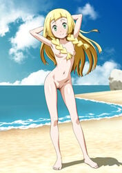 1girls armpits arms_up barefoot beach carinae feet female innie_pussy lillie_(pokemon) long_hair looking_at_viewer naked nintendo nipples nude pinup pokemon pokemon_sm pussy sand slender_legs small_breasts solo tagme thighs toes vulva water