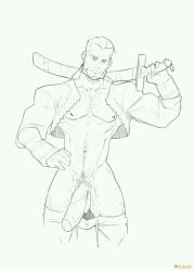 1boy balls bara big_penis cocky daddy dizdoodz first_porn_of_character john_hardin katana line_art looking_at_viewer male male_only manly monochrome muscles muscular muscular_male pants_down penis solo solo_male vagrant_story video_games white_background