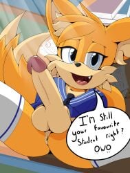 1boy anthro blue_eyes book canid canine clothing desk erection fangs femboy fox foxkai fur furniture genitals hi_res legwear lying male male_only mammal necktie on_back on_desk open_mouth paper pencil_(object) penis presenting school_uniform sega solo sonic_(series) sonic_the_hedgehog_(series) spread_legs spreading table tails tan_body tan_fur teeth thigh_highs uniform yellow_body yellow_fur