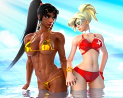 2girls 3d abs adeptusinfinitus beach belly_button big_breasts bikini black_hair blender blonde_hair breasts dark_skin fit gold_bikini hips mercy overwatch pale_skin pharah ponytail sunglasses tattoo thighs tinted_eyewear yuri