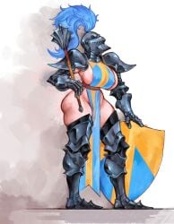 1girls 2d areola_slip armor armpitcore420 armpits ass big_breasts black_armor black_gauntlets black_greaves black_helmet black_pauldron blue_plume blue_tabard female_knight flanged_mace gauntlets greaves helmet holding_mace holding_weapon hourglass_figure huge_breasts knight knight_armor knight_helmet large_breasts light-skinned_female light_skin loincloth mace melee_weapon muscular muscular_female no_panties no_sex no_underwear pauldron plume shield sideboob skimpy_armor skindentation solo solo_female standing tabard tabard_with_breasts_exposed tagme thick_ass thick_thighs weapon