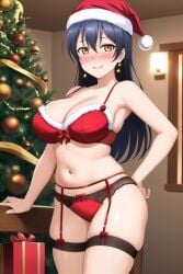 ai_generated bedroom belly_button blue_hair blush christmas christmas_hat christmas_outfit christmas_tree cowboy_shot female garter_belt indoors kurodex large_breasts lingerie long_hair love_live! love_live!_school_idol_project naughty_face posing seductive_smile solo sonoda_umi standing wide_hips yellow_eyes