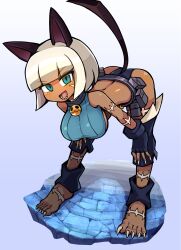 ass bangs bell_collar belt bent_over blue_eyes blunt_bangs blush bob_cut cat_ears cat_tail claws collar dark-skinned_female dark_skin eyelashes feet hanging_breasts jimafy large_breasts long_fingernails long_toenails midriff nadia_fortune revealing_clothes sharp_fingernails sharp_teeth sharp_toenails skullgirls underboob white_hair