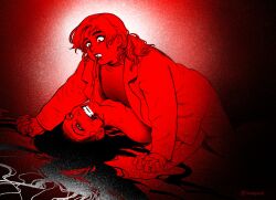 2girls artist_name biting biting_another's_lip blood blood_from_mouth commentary english_commentary fear_&_hunger_(series) fear_&_hunger_2:_termina highres holding_hands inikaboom interlocked_fingers jacket karin_(fear_&_hunger) long_hair monochrome multiple_girls open_clothes open_jacket red_theme second-party_source stitches_(fear_&_hunger) teeth twitter_username yuri