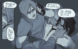 biohazard comic cunnilingus hoe_rakka leon_scott_kennedy luis_sera on_the_phone partially_clothed pubic_hair resident_evil