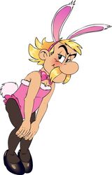 1boy asterix asterix_and_obelix big_nose blonde_hair blush bowtie bunny_boy bunny_ears bunny_tail bunnysuit crossdressing facial_hair fake_animal_ears half-closed_eyes human male male_only modern moustache pink_bowtie pink_bunnysuit pink_clothing solo stinkek toony white_background