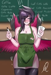 !!! 1girls apron big_breasts black_hair blush cleavage embarrassed female hair_over_one_eye huge_breasts humanoid iced_latte_with_breast_milk league_of_legends marker meme morgana name_tag pink_eyes pink_sclera purple_eyes purple_hair qiyarts sideboob signature solo stockings tagme thick_thighs thighhighs trembling watermark wings