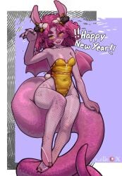 1girls 2024 anthro black_fingernails blush bunnysuit dragon dragon_girl dragon_horns dragon_tail dragon_wings english_text female female_only fishnet_pantyhose fishnets floppy_ears freckles happy_new_year hi_res horns long_tail looking_at_viewer orange_eyes pink_body pink_eyes sharp_fingernails sitting_on_tail smiling smiling_at_viewer solo tail text white_fishnets wings x_e11e year_of_the_dragon