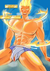 abs alternate_version_available big_pecs fantastic_four human_torch human_torch_(marvel_rivals) johnny_storm male male_focus male_only marvel marvel_comics marvel_rivals muscular muscular_male nipples open_mouth pecs riffed_off shirtless solo solo_male spread_legs teasing teasing_viewer tongue topless topless_male underwear underwear_only