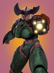 1girls abs aiming_at_viewer aka6 arm_cannon armor bare_midriff big_breasts bikini_armor bob_cut boobplate breasts broken_horn cyberdemon_(doom) demon demon_girl doom eye_contact female_only futuristic futuristic_armor genderswap genderswap_(mtf) glowing_eyes green_armor horns humanized jagged_mouth large_breasts looking_at_viewer muscular_female muscular_thighs navel pale_skin pink_skin red_pupils rule_63 sadistic_smile sharp_teeth short_hair short_white_hair skimpy_armor slit_pupils smile solo solo_female thick_thighs thighs unconvincing_armor white_hair yellow_eyes