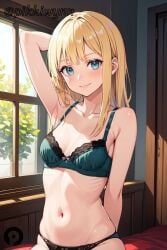 ai_generated arm_behind_head arm_up armpits bangs bare_shoulders blonde_hair blue_eyes blush bra breasts closed_mouth collarbone fate/grand_order fate_(series) female green_bra green_panties indoors lace_trim lingerie long_hair looking_at_viewer lord_el-melloi_ii_case_files navel panties pikkiwynn reines_el-melloi_archisorte sitting skindentation small_breasts smile solo stomach underwear underwear_only window