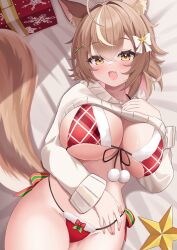 1girls 2023 absurd_res ahoge animal_ear_fluff animal_ears bed_sheet bikini blush bow breast_suppress breasts brown_hair christmas christmas_outfit cleavage clothing cute_fang elegant_(sumisumi4268) eyebrows_visible_through_hair fangs female female_only front-tie_bikini fur-trimmed_bikini fur_trim gift gift_box hair_between_eyes hair_ornament hair_ribbon hand_on_chest highlights highres jewelry kemonomimi large_breasts lifted_by_self lying nail_polish on_back open_mouth orange_eyes original pink_nails plaid plaid_bikini pom_pom_(clothes) red_bikini ribbon short_hair side-tie_bikini smile solo squirrel_ears squirrel_girl squirrel_tail star string_bikini sweater sweater_lift swimsuit tail tongue white_highlights white_sweater