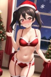 ai_generated bedroom belly_button black_hair blush christmas christmas_hat christmas_outfit christmas_tree cowboy_shot female garter_belt indoors kurodex lingerie love_live! love_live!_school_idol_project medium_breasts naughty_face posing red_eyes seductive_smile solo standing thick_legs twintails wide_hips yazawa_nico