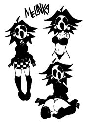 amputee appendicitis_scar armless ass ass_focus black_and_white black_bra black_clothes black_ear_piercing black_socks breasts laying_on_ground mask masked masked_female melinka_(nerononueido) monochrome nero_nonueido scar skirt white_background