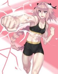 1boy abs astolfo_(fate) athletic_male barefoot belly_button crossdressing fate/apocrypha fate/grand_order fate_(series) feet femboy mizuumi_(bb) muscular muscular_arms muscular_femboy muscular_male muscular_thighs navel pink_eyes pink_hair ponytail punch six_pack sports_bra sports_shorts tomgirl trap