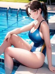 1girls ai_generated ai_mirror big_breasts blue_swimsuit blush brown_eyes brown_hair bush grass long_hair looking_at_viewer ponytail pool pool_ladder poolside sitting swimsuit white_skin