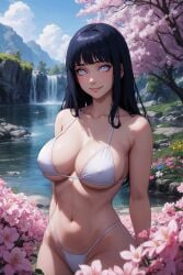 ai_generated big_breasts bikini blue_hair cherry_blossoms hyuuga_hinata lxlbanner naruto naruto_(series) waterfall