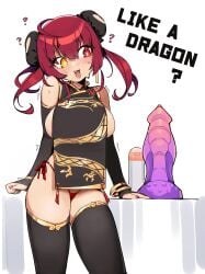 ? absurdres bare_shoulders black_thighhighs blush bracelet breasts bright_pupils bun_cover cowboy_shot cute_fang detached_sleeves dildo dragon_dildo dragon_print english_text female hair_between_eyes heterochromia highres hololive hololive_fantasy hololive_japan houshou_marine jewelry large_breasts long_hair oerba_yun_fang open_mouth panties penguru_086 red_eyes red_hair red_panties sex_toy sideboob solo thighhighs underwear virtual_youtuber white_background white_pupils yellow_eyes