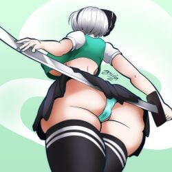 ass breasts dumptruck_ass female huge_ass huge_breasts katana konpaku_youmu large_breasts panties pussy_juice pussy_juice_stain short_hair skirt solo solo_focus stained_panties sword thick_thighs thighhighs thighs touhou underboob underwear weapon white_hair youmu_konpaku zedrin