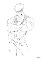 balls bara beard big_penis blood_blockade_battlefront boner clothing crossed_arms dizdoodz erection facial_hair kekkai_sensen klaus_von_reinhertz male male_only monochrome muscles muscular pants_down penis penis_out solo solo_male