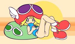 1girls amitie anus blonde_hair blue_shirt hat heart looking_at_viewer lying open_mouth pussy puyo_puyo puyo_puyo_fever sega smile winged_hat