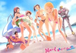 6+girls abs anai_mui ass beach big_breasts black_hair blonde_hair glasses hanzawa_yoruka huge_breasts kentaro_sato large_breasts looking_at_viewer magical_girl_apocalypse mahou_shoujo_of_the_end multiple_girls official_art parasyte-m_(hana-chan) ponytail sayano_kaede short_hair sleeping swimsuit tsukune_fukumoto twintails