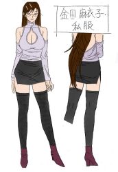 black_miniskirt black_socks black_thighhighs brown_hair cleavage colored_sketch detached_sleeves discipline:record_of_a_crusade discipline_zero glasses hairpins heeled_shoes kaneda_maiko knee_socks large_breasts long_brown_hair long_hair miniskirt sketch