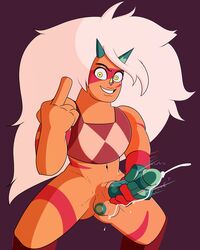 1futa areolae balls breasts cum ejaculation futa_only futanari green_skin handjob humanoid humanoid_penis jasper_(steven_universe) long_hair looking_at_viewer masturbation middle_finger nipples nude orange_skin penis simple_background smile solo steven_universe stupidsmut two_tone_body wanking