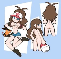 ass blush booty_shorts hair_down hilda_(pokemon) krusha64612042 lifting_shirt looking_back no_bra nude pokemon pokemon_bw small_breasts tepig undressing