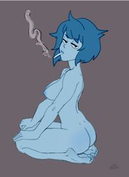 ass blue_hair blue_skin breasts cigarette feet flat_colors kneeling lapis_lazuli_(steven_universe) looking_at_viewer nude short_hair simple_background sketch smoking steven_universe whargleblargle