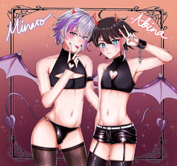 2boys androgynous blue_eyes blush brown_hair bulge bulge_through_clothing demon demon_boy demon_horns demon_tail demon_wings fuwa_minato incubus midriff multicolored_hair navel nijisanji purple_eyes purple_hair red_hair revealing_clothes saegusa_akina silver_hair succubus syuka thick_thighs thighhighs thighs tight_clothing tongue tongue_out virtual_youtuber