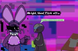 anthro big_breasts breasts chaoticdream cheek_tuft dialogue digital_creature english_text facial_tuft female five_nights_at_freddy's heart mammal nipples rabbit scottgames shadow_bonnie speech_bubble text