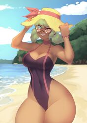 beach big_ass big_breasts brawlhalla eirlys fait_(brawlhalla) glasses green_eyes green_hair swimsuit