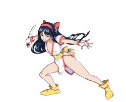 1girls ainu_clothes alternate_costume blue_hair breasts brown_eyes cleavage covered_erect_nipples fighting_stance fingerless_gloves gloves hair_ribbon half-closed_eyes highres king_of_fighters legs long_hair looking_at_viewer monochrome nakoruru panties panty_peek parted_lips ribbon samurai_shodown seductive_look seductive_smile small_breasts smile snk solo thighs underwear weapon