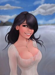 1girls 2024 belle_delphine big_breasts black_eyes black_hair breasts brown_eyes cleavage female female_only hair_over_one_eye large_breasts lips long_hair looking_at_viewer see-through shadman smile smiling smiling_at_viewer solo