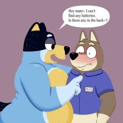 1:1 2023 absurd_res alfie_(bluey) anthro ass australian_cattle_dog bandit_heeler big_butt black_body black_ears black_eyes black_fur black_nose black_tail blue_body blue_clothing blue_fur blue_shirt blue_tail blue_topwear bluey_(series) blush bodily_fluids brown_body brown_ears brown_fur canid canine canis cattledog clothing colossalstars dialogue digital_media_(artwork) dingo domestic_dog duo english_text fur half-closed_eyes hand_on_chest herding_dog hi_res huge_butt intraspecies looking_at_another male mammal multicolored_body multicolored_fur name_tag narrowed_eyes nervous obese obese_anthro obese_male overweight overweight_anthro overweight_male pastoral_dog purple_background seductive shirt side_view simple_background speech_bubble sweat tail tan_body tan_fur text thick_thighs topwear two_tone_body two_tone_fur two_tone_tail yellow_body yellow_fur