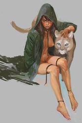 animal far_cry far_cry_5 feet feline female female_only functionally_nude jess_black long_hair looking_at_viewer masateru medium_breasts peaches_(far_cry_5) raincoat realistic scar simple_background sitting