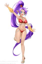 1girls big_breasts bikini bikini_bottom bikini_top blue_eyes bottomwear breasts cleavage ear_piercing earrings female female_only hips hoop_earrings huge_breasts kimmy77 pointy_ears ponytail purple_hair red_bikini shantae shantae_(character) solo solo_female swimwear thighs topwear white_background