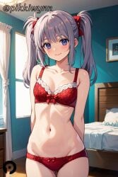 ai_generated arms_behind_back ass_visible_through_thighs bare_shoulders bed bedroom blue_eyes blush bow bra breasts closed_mouth collarbone cowboy_shot female grey_hair groin hairbow indoors lingerie long_hair looking_at_viewer navel panties pikkiwynn primula red_bra red_panties shuffle! small_breasts smile solo standing stomach twintails underwear underwear_only